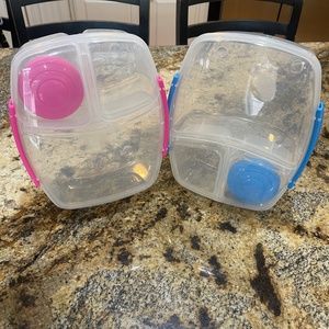 Set of TWO BLUE PINK Sistema Triple Split Lunch Boxes 2L 4 PC Set Each 8 Pieces